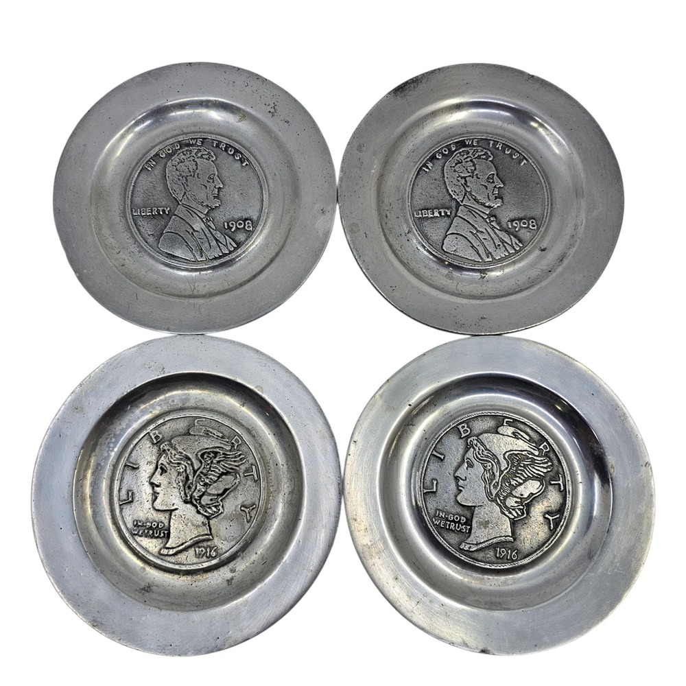 Vintage Pewter Mac Ware Coaster Set 4 1908 Lincoln Penny and Liberty 1916